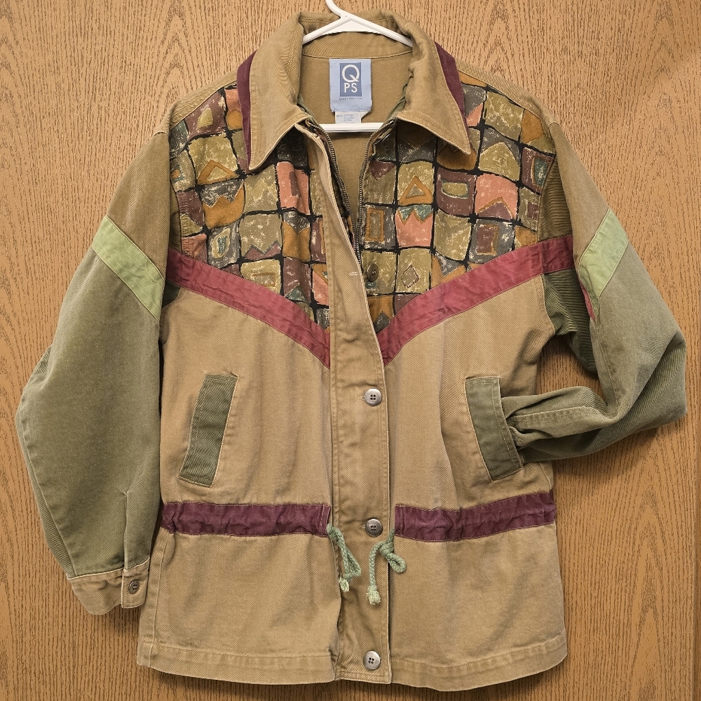 1990S THICK CANVAS PATCHWORK DENIM STYLE JACKET WITH GEOMETRIC DESIGN